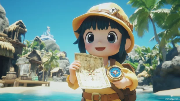 A cute girl with a treasure map and a compass, embarking on an adventure to find a hidden treasure chest on a tropical island, adventure animation style.