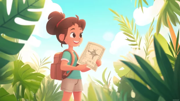 A cute girl with a treasure map and a compass, embarking on an adventure to find a hidden treasure chest on a tropical island, adventure animation style.