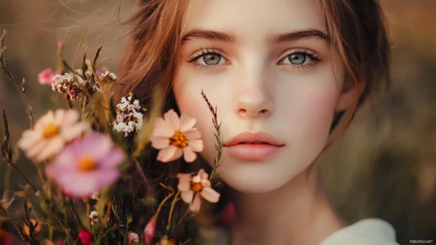 A cute girl with big, sparkling eyes and rosy cheeks, holding a bouquet of colorful flowers.