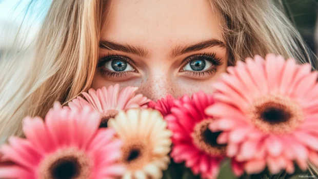 A cute girl with big, sparkling eyes and rosy cheeks, holding a bouquet of colorful flowers.