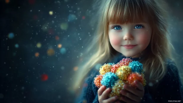 A cute girl with big, sparkling eyes and rosy cheeks, holding a bouquet of colorful flowers.