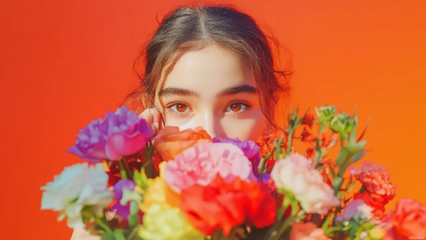 A cute girl with big, sparkling eyes and rosy cheeks, holding a bouquet of colorful flowers.