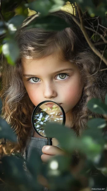 A cute girl with bright eyes and a curious expression, exploring a hidden garden with a magnifying glass.