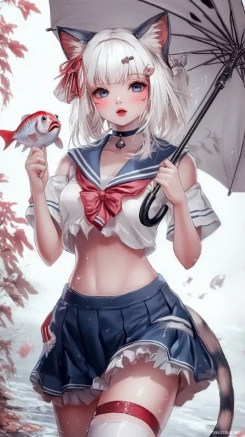 A cute girl with cat ears and a tail, wearing a sailor uniform and holding a fish shaped umbrella, anime style.