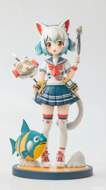 A cute girl with cat ears and a tail, wearing a sailor uniform and holding a fish shaped umbrella, anime style.