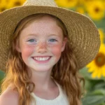 A cute girl with freckles and sun kissed skin, wearing a straw hat in a sunflower field.