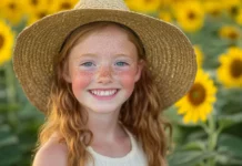 A cute girl with freckles and sun kissed skin, wearing a straw hat in a sunflower field.