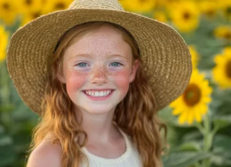 A cute girl with freckles and sun kissed skin, wearing a straw hat in a sunflower field.