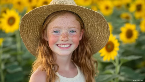 A cute girl with freckles and sun kissed skin, wearing a straw hat in a sunflower field.