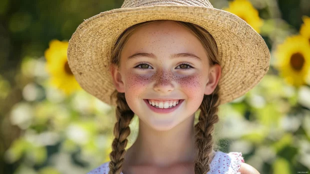 A cute girl with freckles and sun kissed skin, wearing a straw hat in a sunflower field.