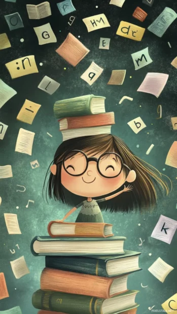 A cute girl with oversized glasses and a stack of books, surrounded by floating letters and numbers, whimsical illustration style.