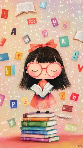 A cute girl with oversized glasses and a stack of books, surrounded by floating letters and numbers, whimsical illustration style.