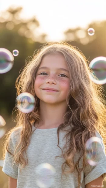 A cute girl with rosy cheeks and a playful wink, blowing bubbles that float around her head.