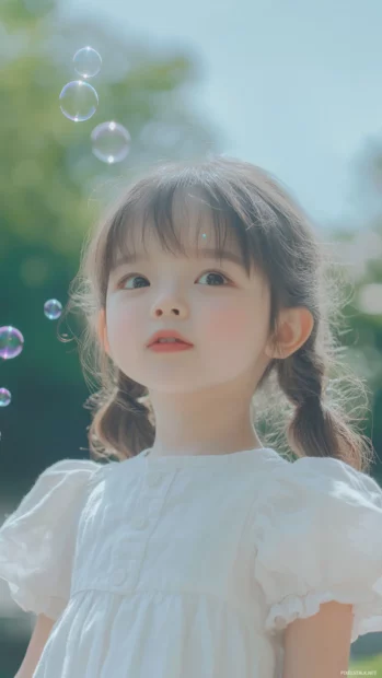 A cute girl with rosy cheeks and a playful wink, blowing bubbles that float around her head.
