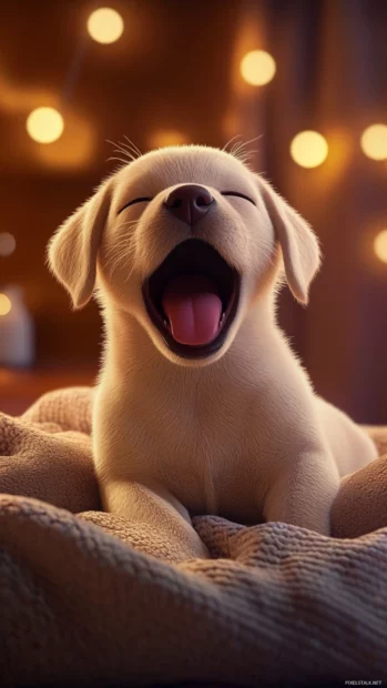 A cute puppy background ideal for iPhone, featuring a yawning Labrador puppy on a cozy bed.