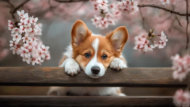 A cute puppy lies on a wooden bench surrounded by cherry blossoms.