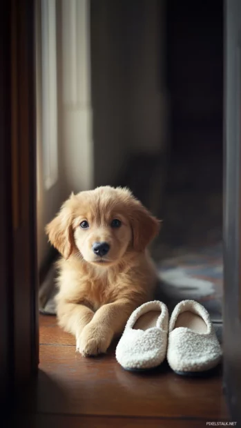 A cute puppy waits patiently beside a pair of slippers near the door.