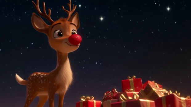 A cute reindeer with a red nose and antlers, standing next to a pile of gifts under a starry sky.