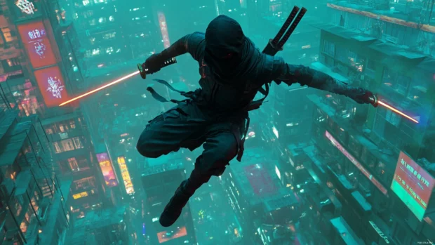 A cyber ninja leaping across rooftops with glowing blades in each hand.