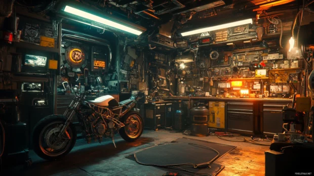 A cyberpunk bounty hunters motorcycle garage, filled with parts, wires, and glowing tools.