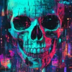 A cyberpunk inspired neon skull with layers of bright green and blue lights, surrounded by glitchy digital effects.