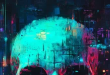 A cyberpunk inspired neon skull with layers of bright green and blue lights, surrounded by glitchy digital effects.