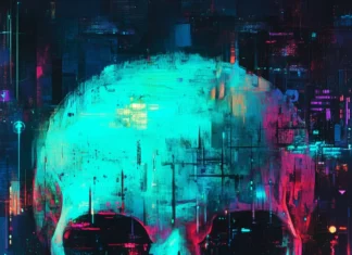 A cyberpunk inspired neon skull with layers of bright green and blue lights, surrounded by glitchy digital effects.