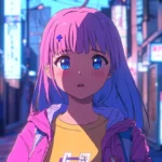 A cyberpunk street glows blue and pink behind a confident anime girl.