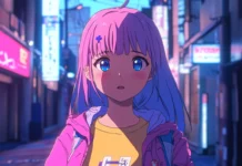 A cyberpunk street glows blue and pink behind a confident anime girl.
