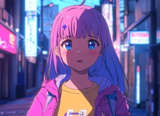 A cyberpunk street glows blue and pink behind a confident anime girl.