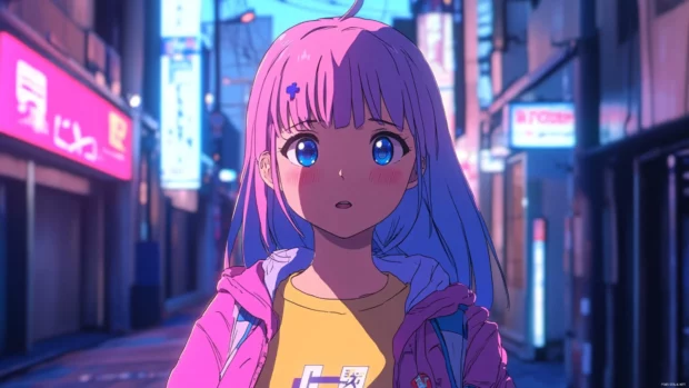 A cyberpunk street glows blue and pink behind a confident anime girl.