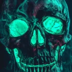A dark aesthetic skull iPhone wallpaper with neon green lighting.