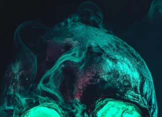 A dark aesthetic skull iPhone wallpaper with neon green lighting.