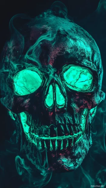 A dark aesthetic skull iPhone wallpaper with neon green lighting.
