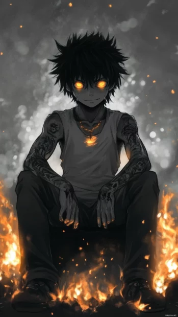 A dark anime boy with glowing tattoos, sitting on a throne of shadows, surrounded by flickering embers and a smoky background.