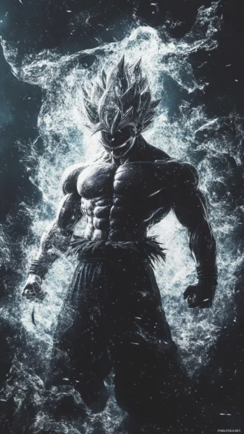A dark background highlights Gokus silver aura as he charges forward in this Goku ultra instinct wallpaper for PC.
