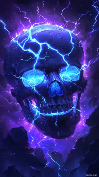 A dark blue skull with neon blue cracks running through it, glowing softly in a smoky, mysterious atmosphere.