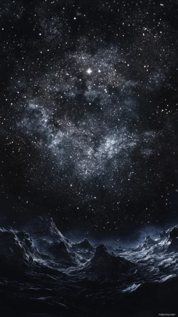 A dark canvas perfect for Modern black starry design, with stars rising behind frozen shadow mountains.