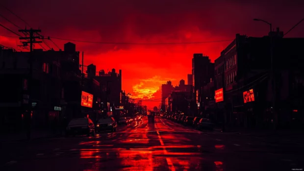 A dark city street under a red sky, with electric signs flashing wildly, perfect for immersive cyberpunk desktop wallpapers.