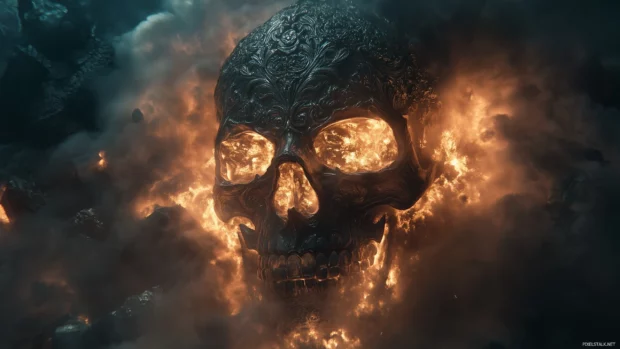 A dark, intricately detailed black skull with ornate engravings, surrounded by subtle, glowing smoke effects.