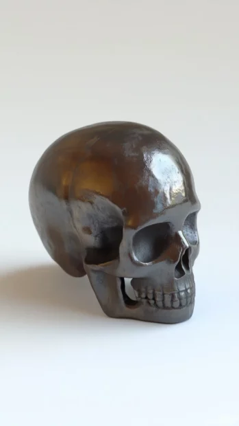 A dark, minimalist skull with a metallic sheen, highlighted by subtle shadows and textures for a modern, edgy look.