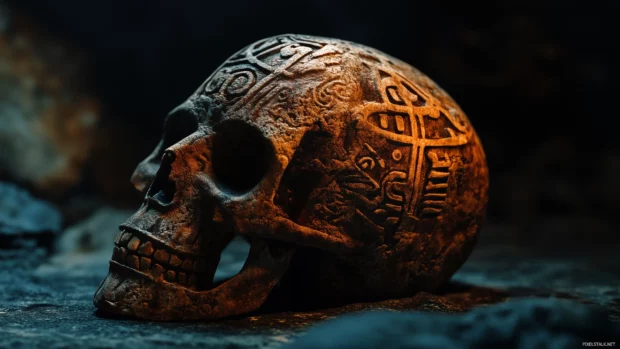 A dark skull with rough, cracked textures, detailed with intricate tribal engravings, on a deep, shadowy background.