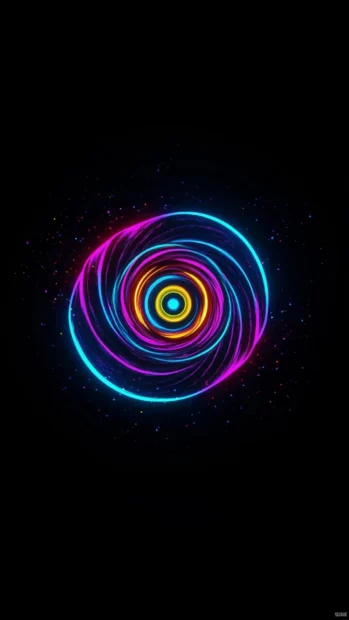 A dark void with neon spirals spinning toward a trippy singularity.