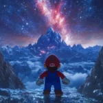 A dazzling trail of stars marks Marios path through a shimmering mountain summit.