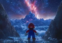 A dazzling trail of stars marks Marios path through a shimmering mountain summit.