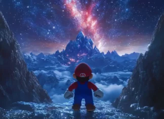 A dazzling trail of stars marks Marios path through a shimmering mountain summit.