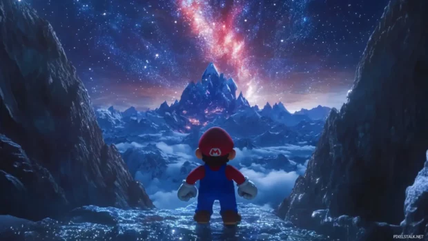 A dazzling trail of stars marks Marios path through a shimmering mountain summit.