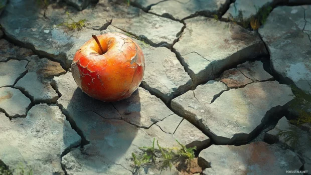 A decayed apple resting on cracked stone ground.