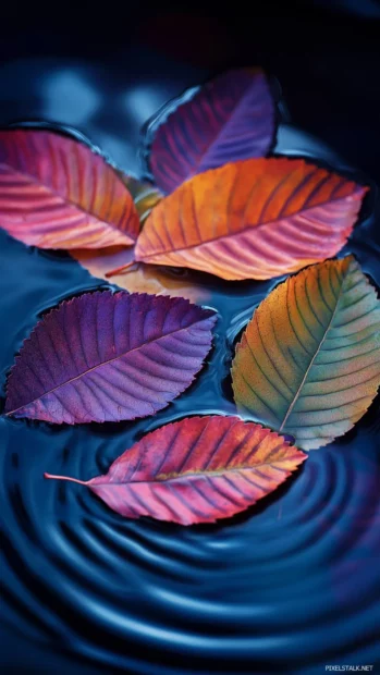 A delicate arrangement of vibrant autumn leaves floating on a serene pond, with ripples gently spreading outward.