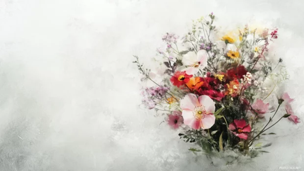 A delicate bouquet of wildflowers in soft pastel watercolor strokes, blending seamlessly against a light textured background.